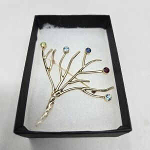 Gold Tone Tree Of Life Brooch Pin-Colored Stones Womens Twisted Trunk Branches